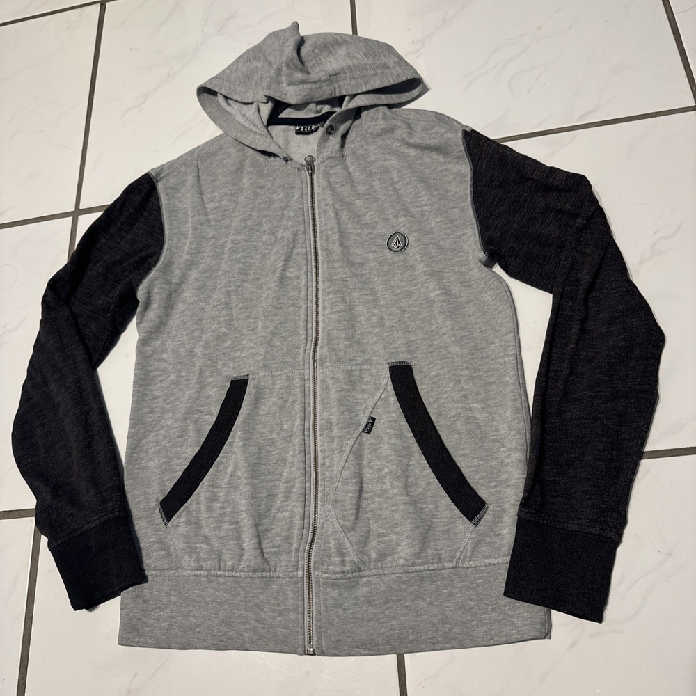 Y2K Volcom Mens Blue Full Zip Fleece Hoodie Jacket S Logo Skater Raglan Pinkman
